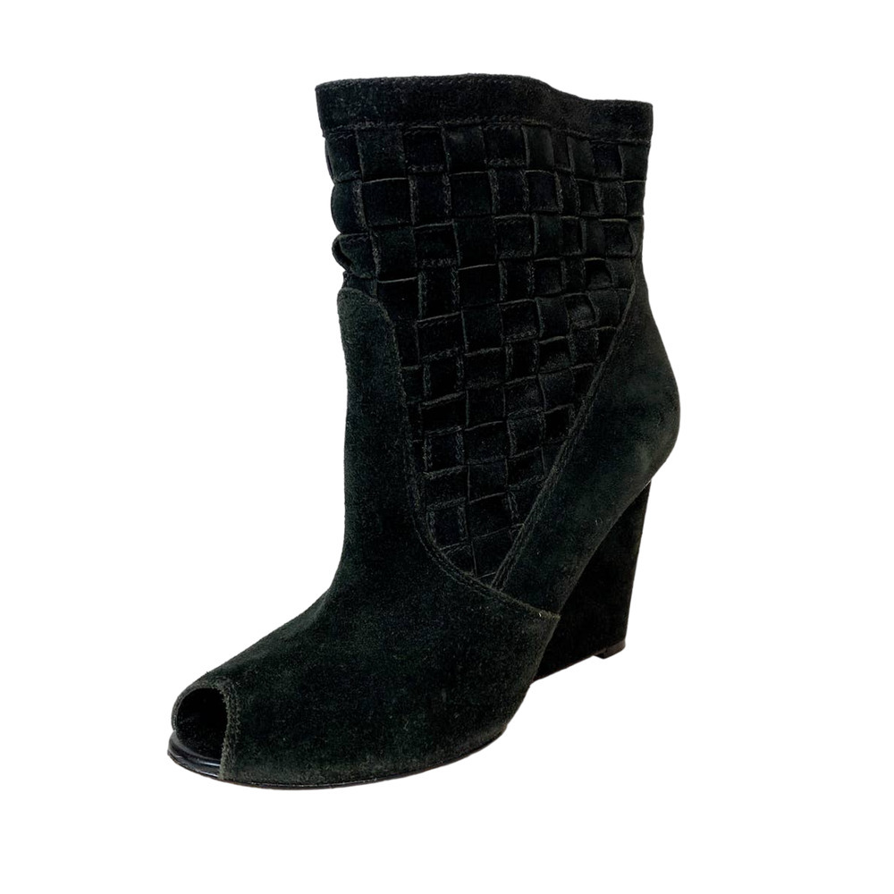 Betsey Johnson Black Suede Peep Toe Skinny Wedge Booties